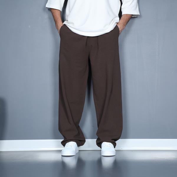 شلوار بگ لنین بندی قهوه ای سوخته